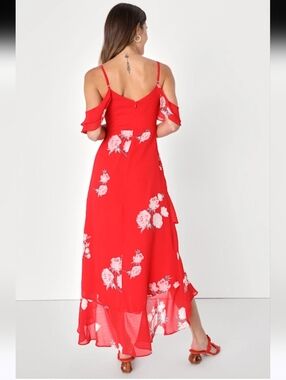 Lulu's Red Floral Cold-Shoulder High-Low Maxi Dress